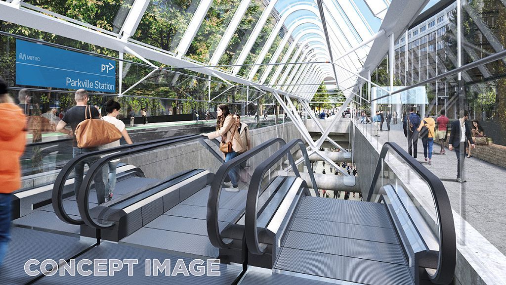 Parkville Station’s Grattan Street entrance featuring tree-lined views