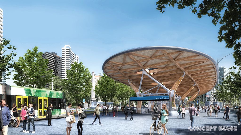 An architecturally-designed canopy will shelter Anzac Station at street level