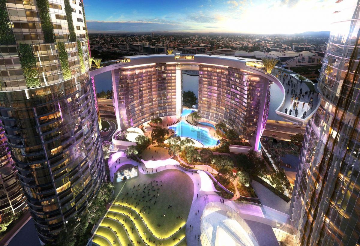 Artist's impression of the Queens Wharf redevelopment in Brisbane, by the Destination Brisbane Consortium - set to be home to 1600 new rooms by 2022.