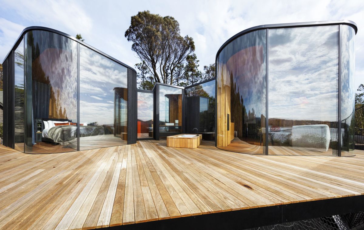 Timber and glass are key design elements in the Freycinet Lodge Coastal Pavilions by Liminal Architecture. Photo: Dianna Snape