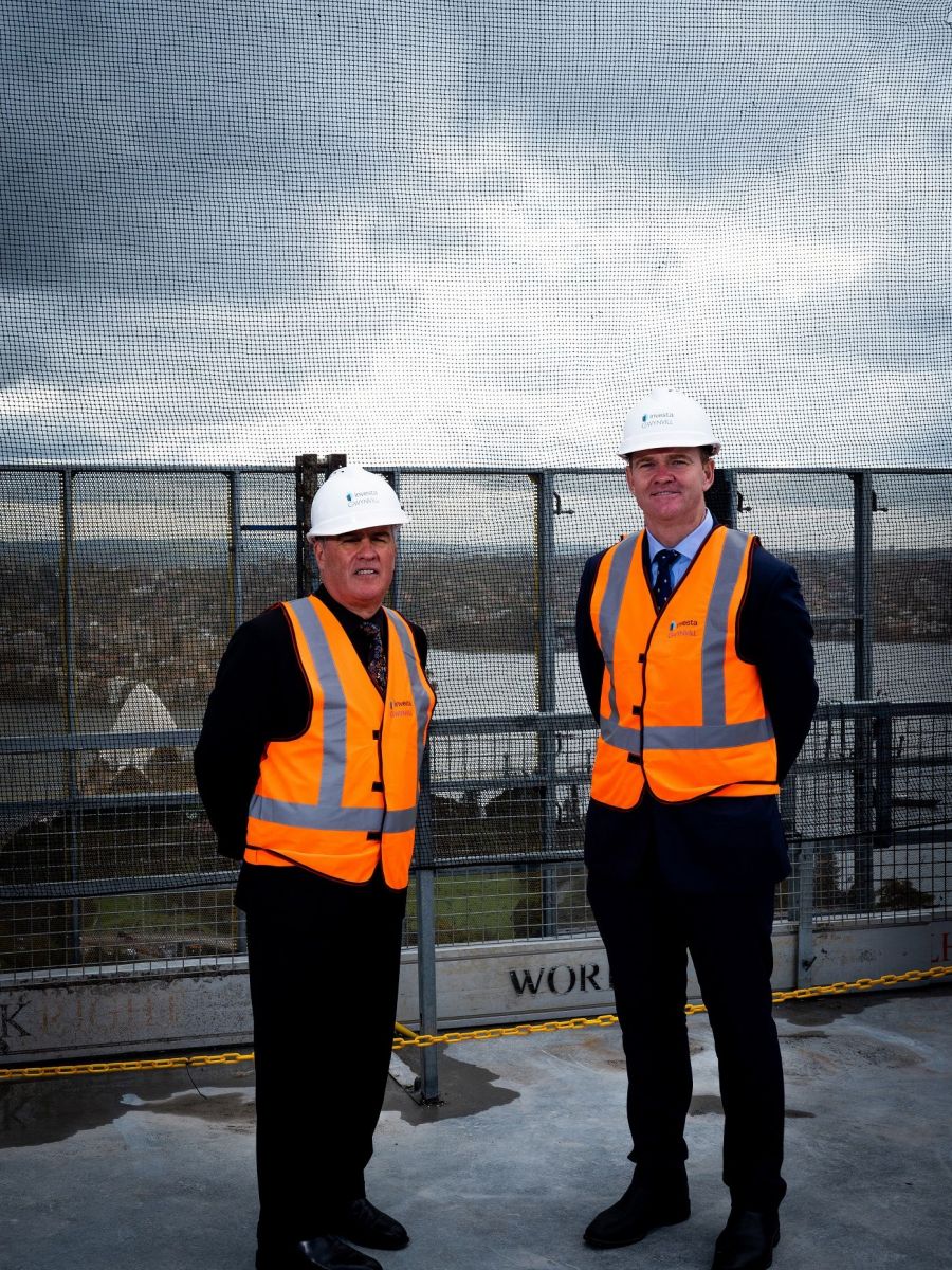 Investa’s Michael Cook and Mark Tait at the topping out ceremony of 60 Martin Place, overlooking the Sydney Harbour. Photo: Supplied