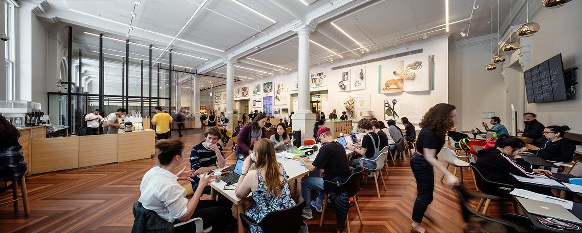 The Russell Street entrance and Welcome Zone, comprising Guild café, Readings bookshop and collaborative space, was completed as part of Stage 1 of Vision 2020. Prior to this, the Russell Street entrance was closed for more than a decade. (Images: Architectus and Schmidt Hammer Lassen Architects)