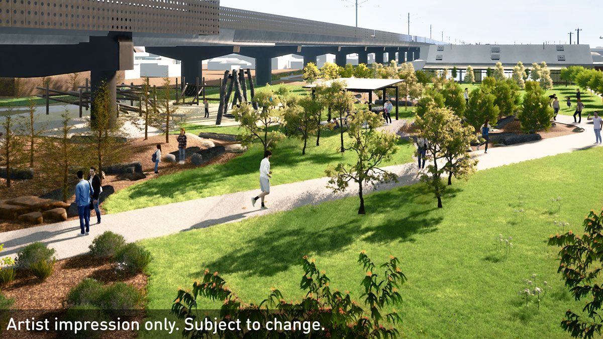 Community open spaces around the new Moreland station will include landscaped gardens, a nature playground and barbeque facilities. (Image: Level Crossings Removal Project)