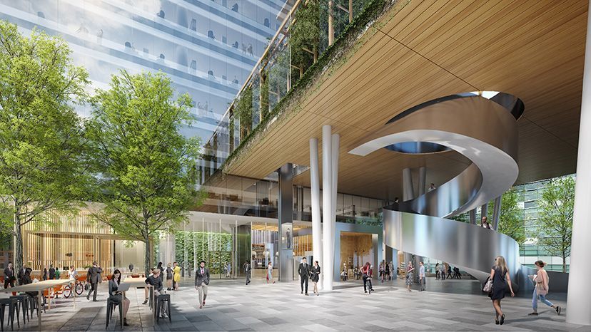 A helix spiral staircase feature connects the ground floor public realm with the Sky Park.