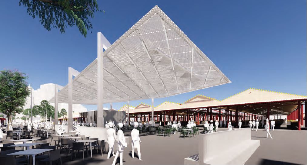 The lightweight canopy structure of the Northern Shed provides an open space for the public. The slender and minimal columns, together with the thin folded back shelter, maximises the ground floor space will also enabling views of the rest of the market’s rooflines. The perforated translucent canopy creates a somewhat theatre-like view of the play between light and shadow on the ground.