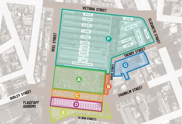 The upgrade to market facilities is part of the wider Queen Victoria Market Precinct renewal, which also includes Market Square - a new 1.5 Ha public space which replaces the current car parking area (A) - and the Munro site development of the corner of Queen and Therry Streets (G). The Munro site development is currently under construction, and will comprise a boutique hotel, affordable apartments, a childcare facility, apartments for long term rental, hospitality and retail stores, community meeting spaces, event spaces and 2500sqm of laneways and open spaces.