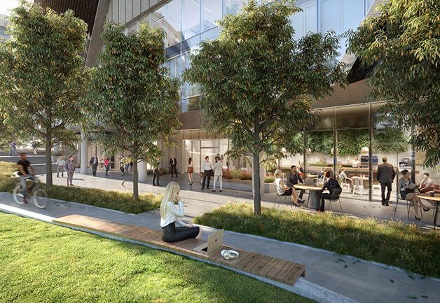 1000 La Trobe Street’s ground floor has a range of flexible workspaces and amenities, including a café, wellness facilities, and landscaped areas for working or relaxing.